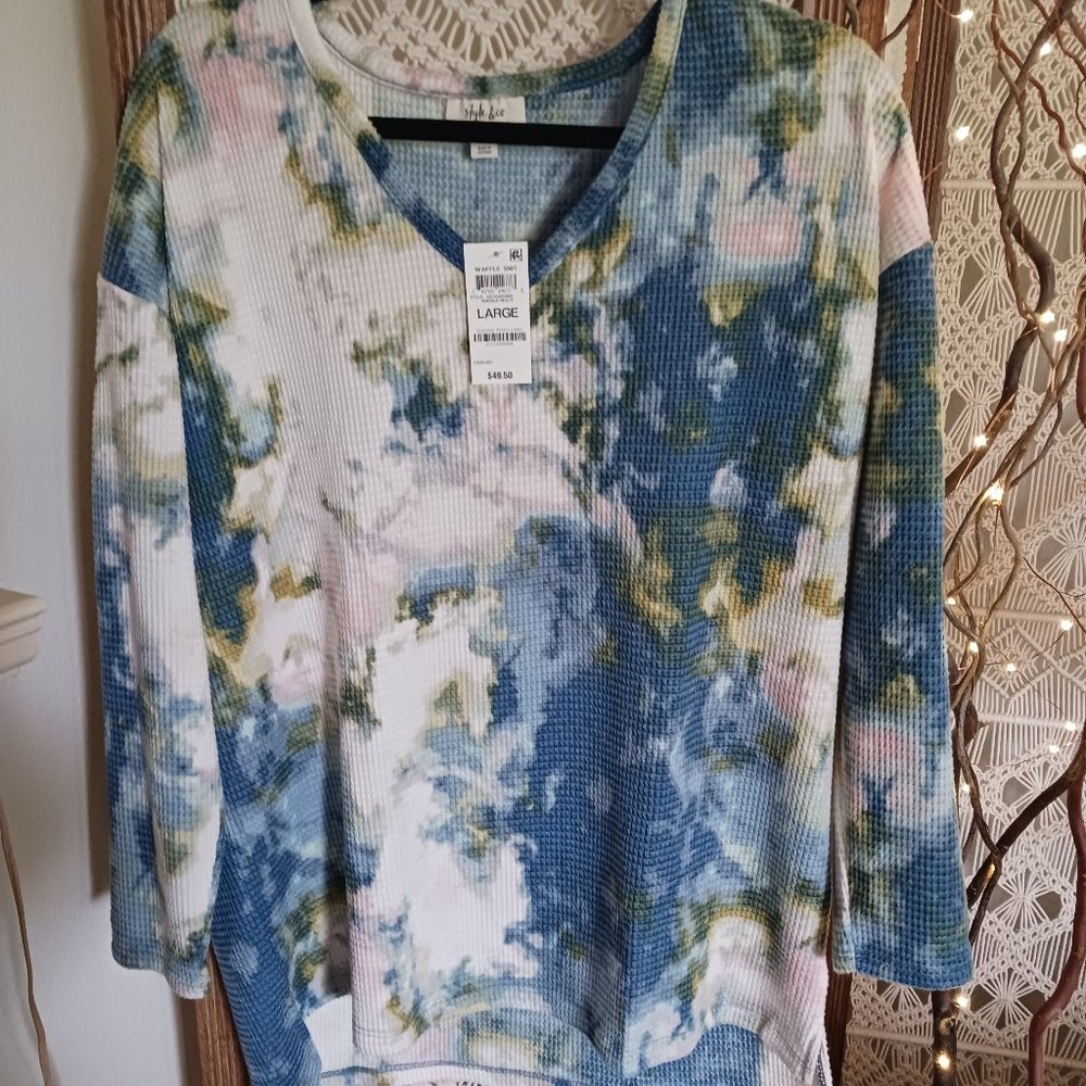 WOMENS MACYS WAFFLE KNIT POLY BLEND TOP NEW WITH TAGS SIZE LARGE MULTICOLOR